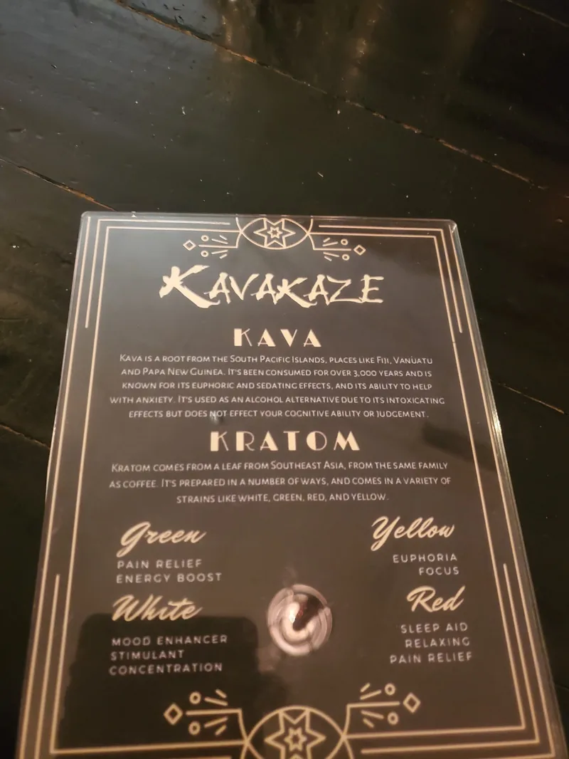 The printed Kavakaze card that sits on the bar, headed Kava and Kratom.